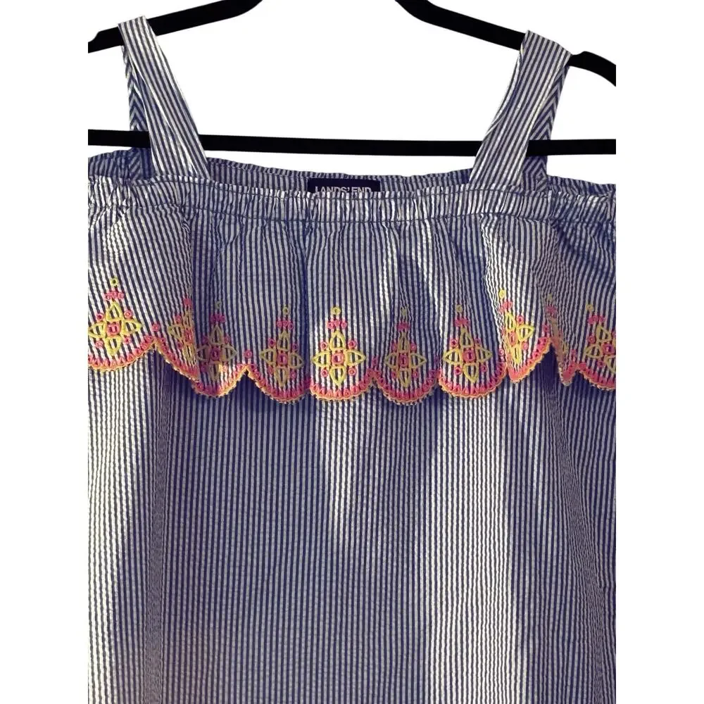 Lands End Girls Seersucker Summer Dress Girls 16 Scalloped Edges 100% Cotton